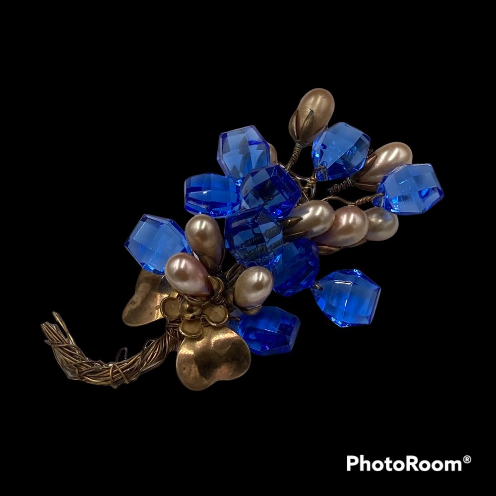 Vintage 1940’s Hand Wired Blue Glass and Faux Pearl Brooch